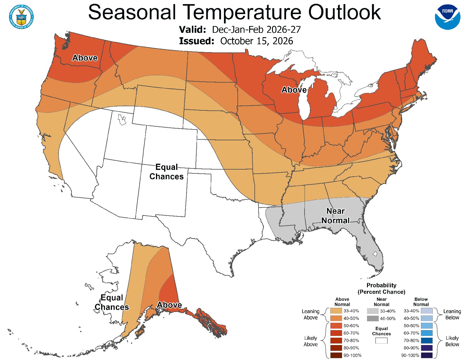 NOAA Climate Prediction Center seasonal temperature outlook map for December 2026 through February 2027, issued Oct. 15, 2026, shading the northern and eastern U.S. toward above-normal temperatures