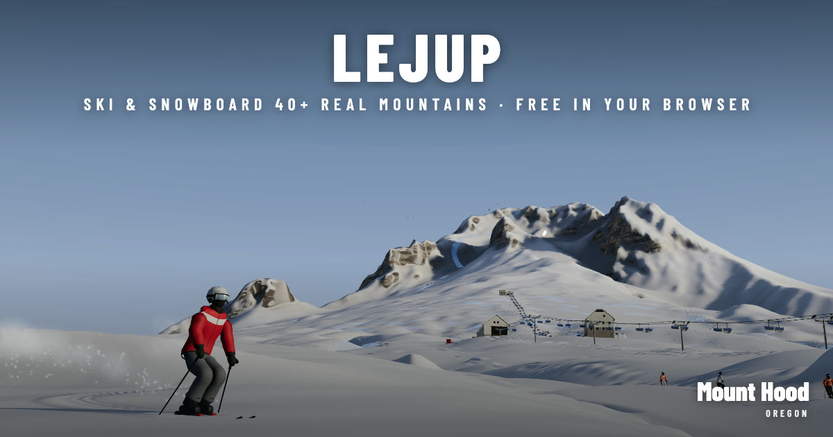 a skier in a red jacket carving below Mount Hood at Timberline, rendered in LEJUP